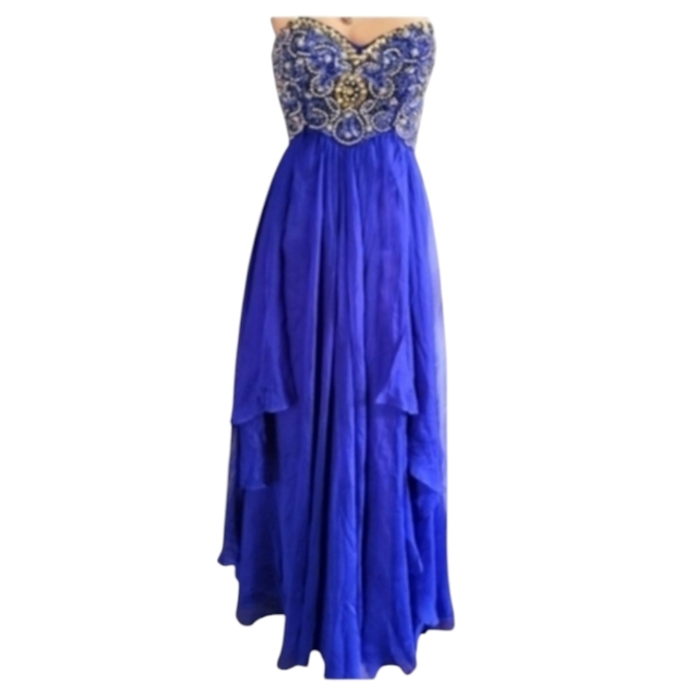 Sherri Hill Blue Silver Beaded Strapless Heart Formal Evening Prom Dress Size 2